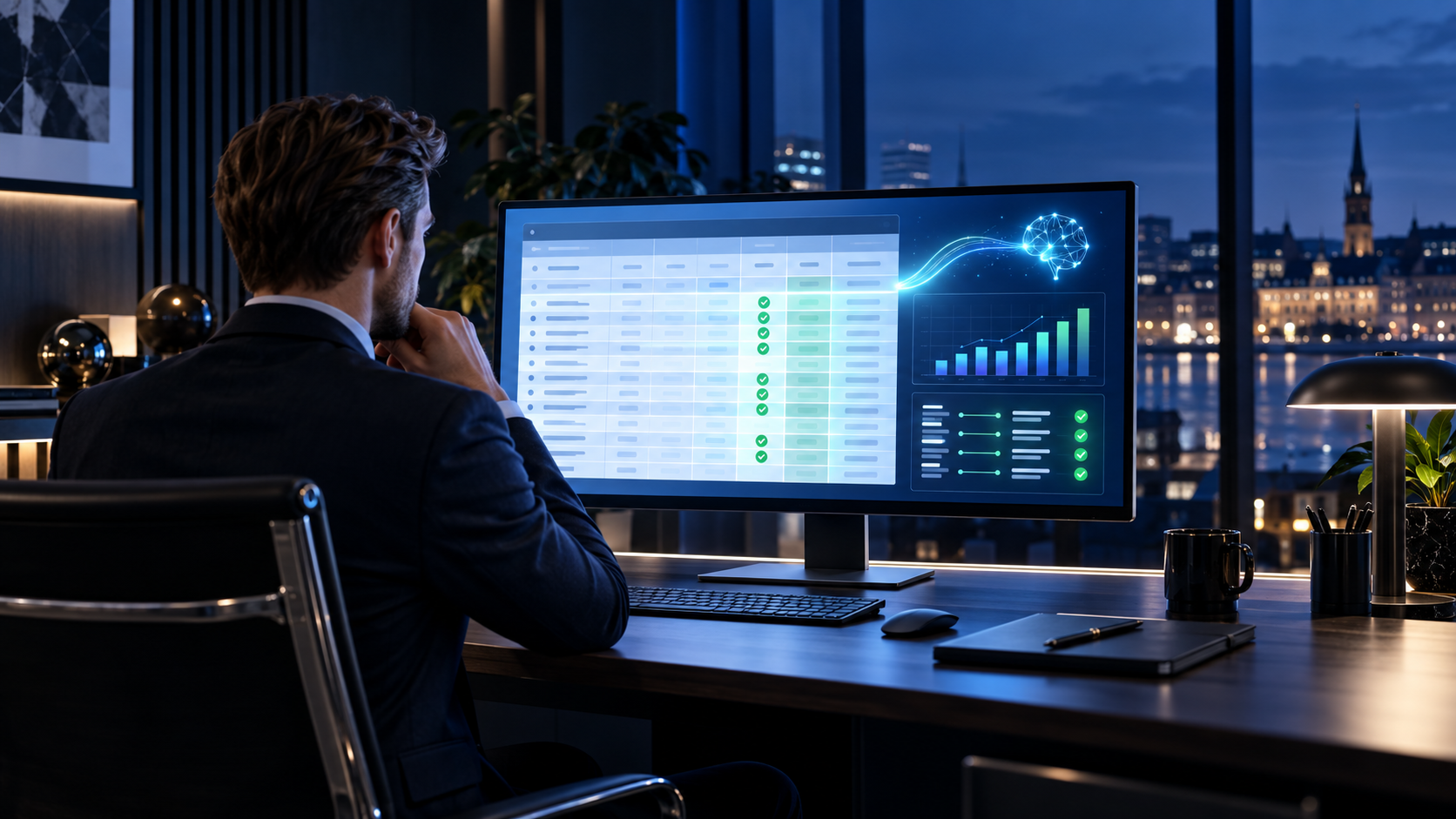 Økonomimedarbejder bruger AI til at kontrollere og analysere data i et regneark.