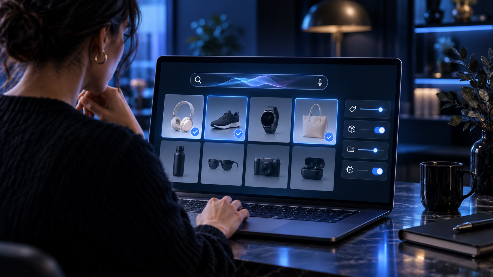 Kunde bruger intelligent AI-søgning til at finde relevante produkter i en webshop.